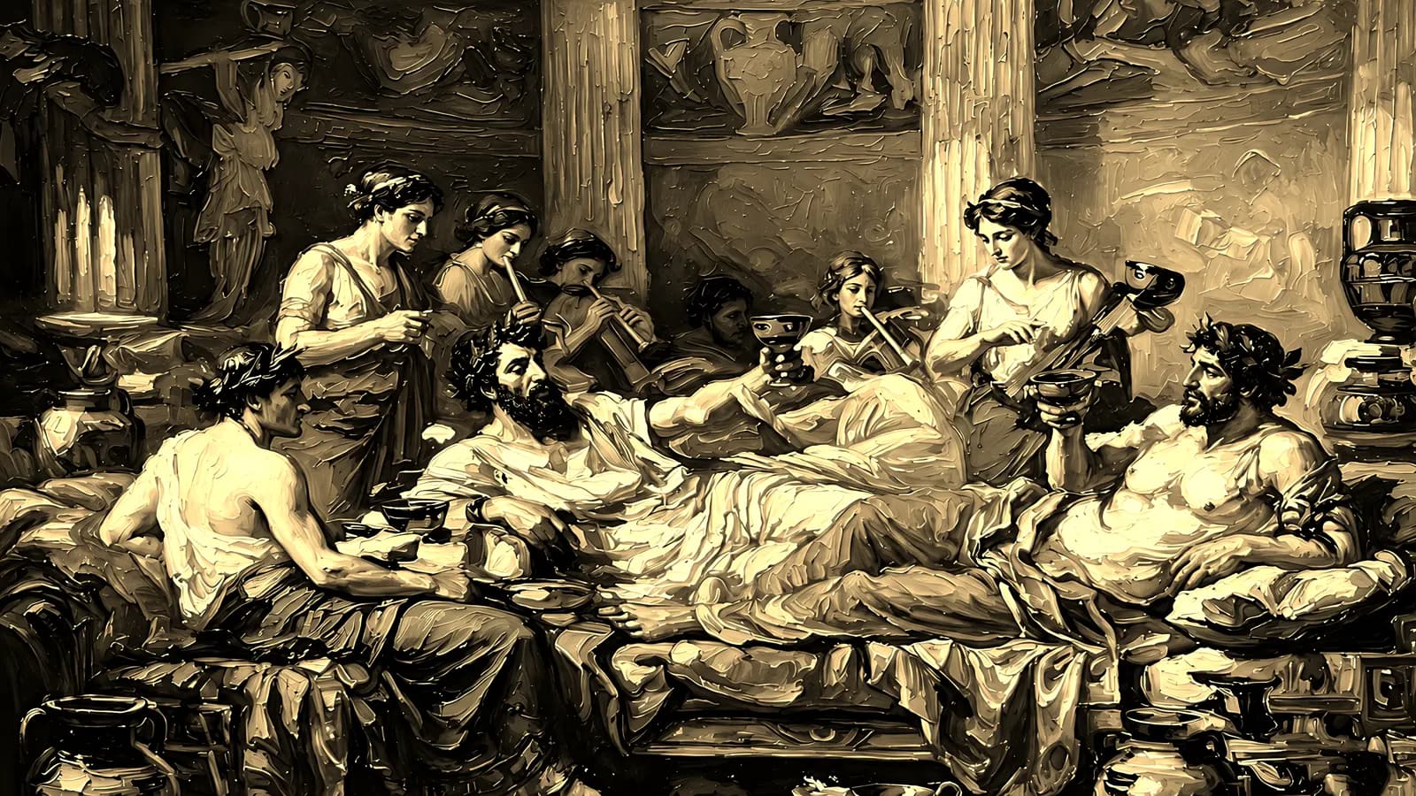 A classical banquet in warm painterly light, in the Golden Edition