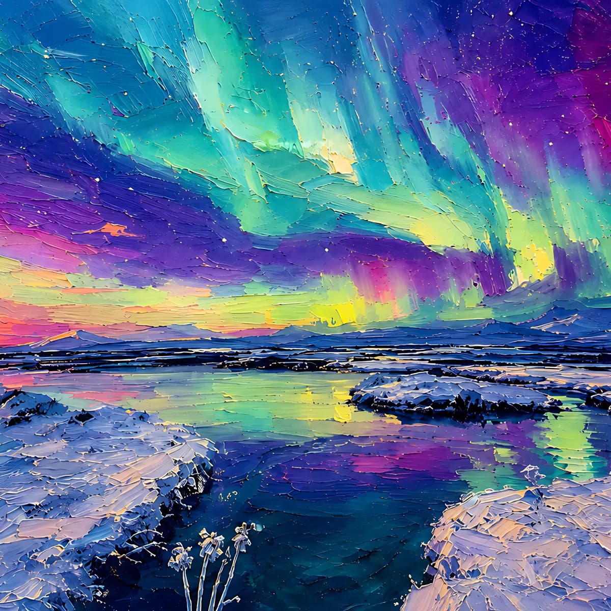 Aurora over a silent winter landscape, prepared for tablet framing