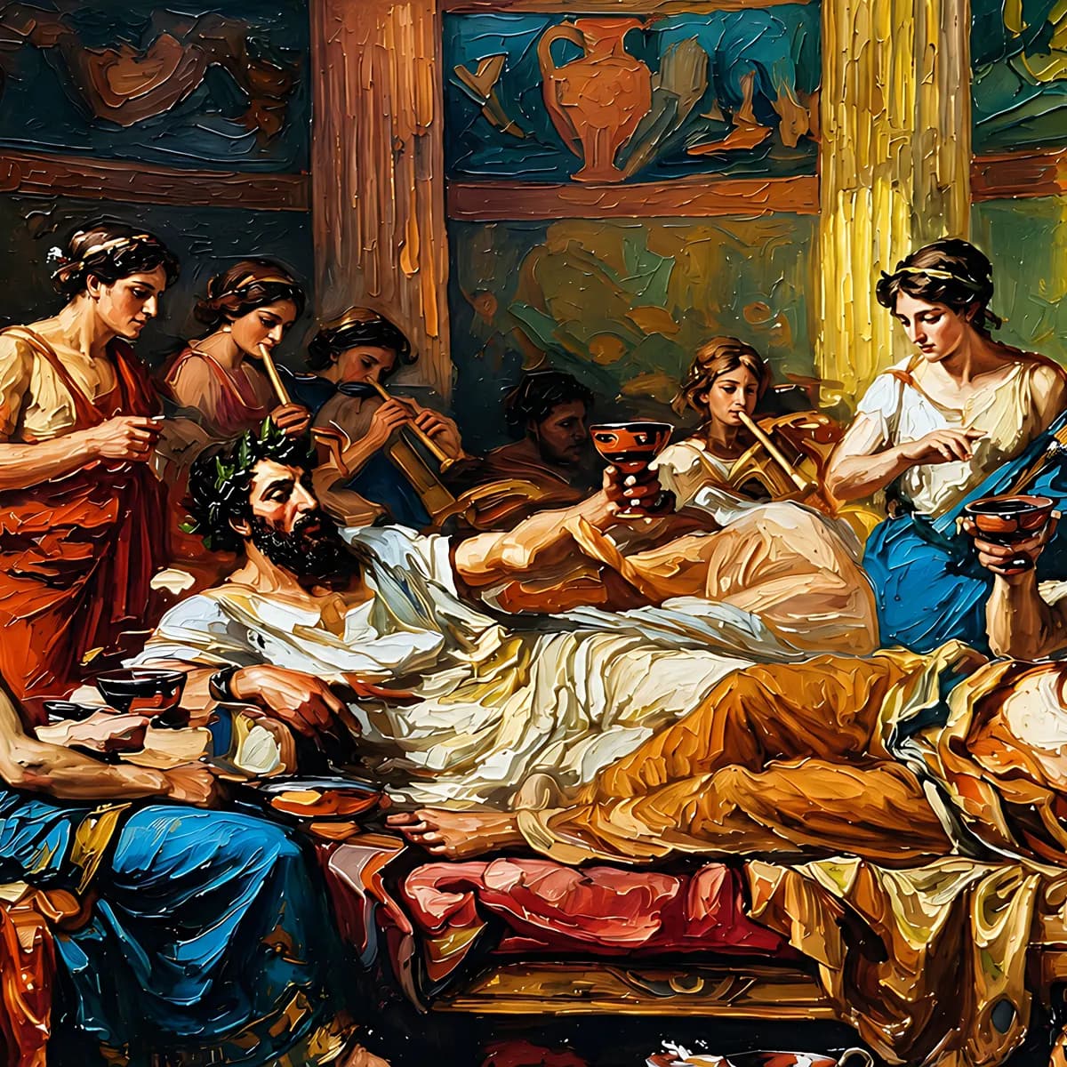 A classical banquet in warm painterly light, prepared for tablet framing