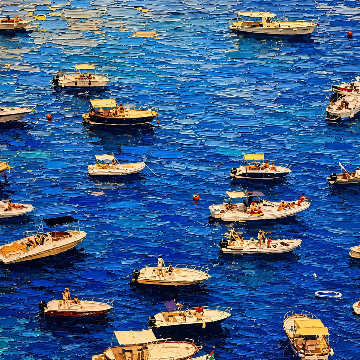 Small boats resting on deep cobalt water, prepared for tablet framing