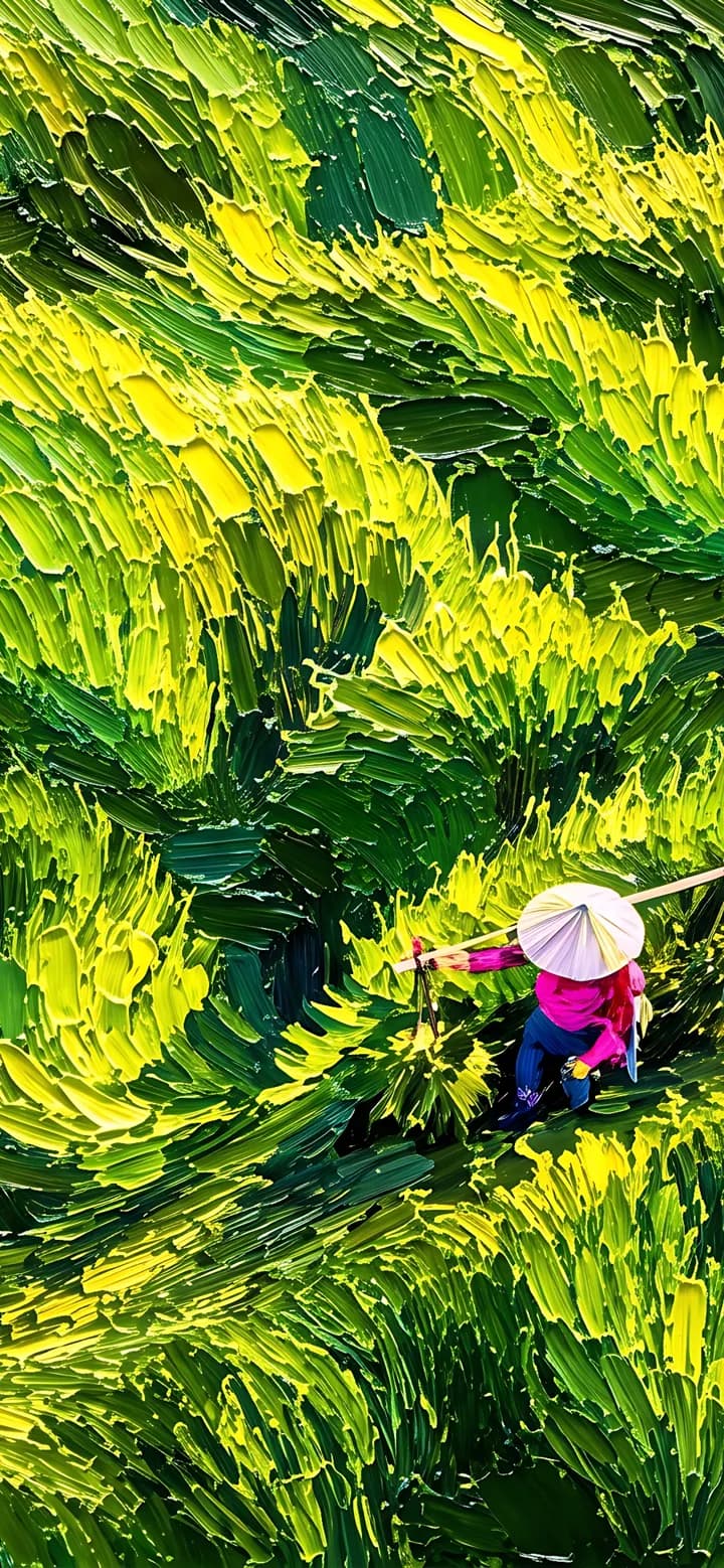 Green rice terraces viewed from above, composed for an iPhone lock screen