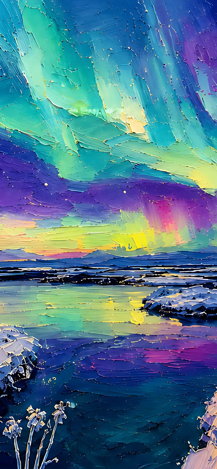 Aurora over a silent winter landscape, composed for an iPhone lock screen