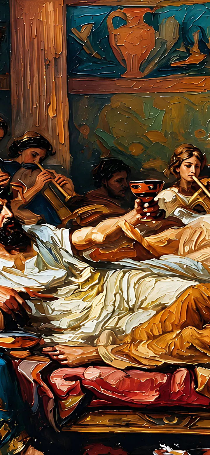 A classical banquet in warm painterly light, composed for an iPhone lock screen
