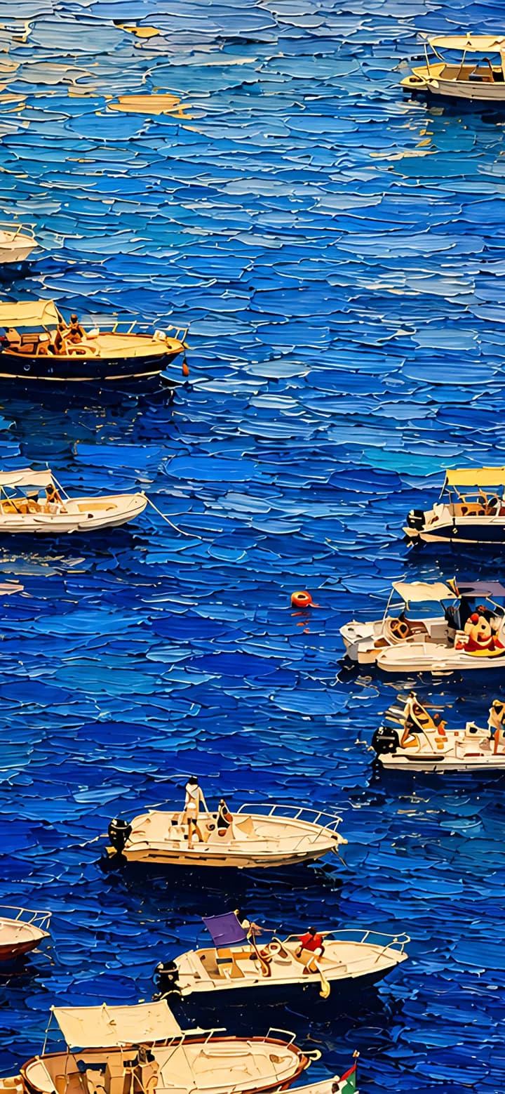 Small boats resting on deep cobalt water, composed for an iPhone lock screen