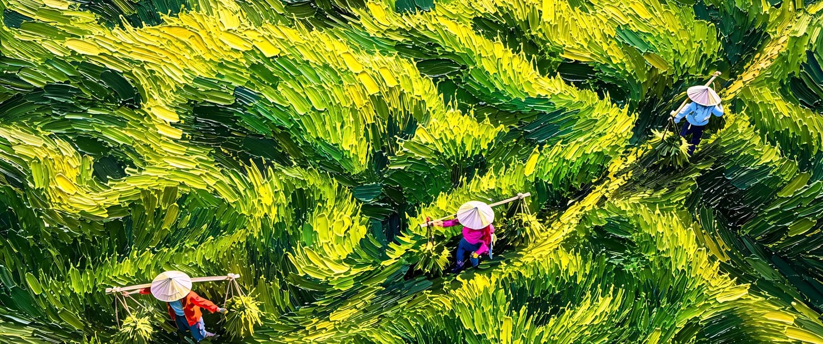 Green rice terraces viewed from above, composed for an ultrawide display