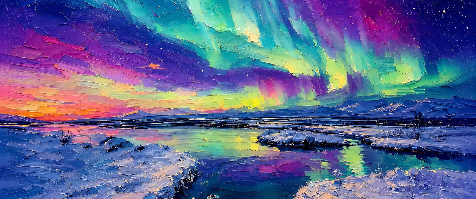 Aurora over a silent winter landscape, composed for an ultrawide display