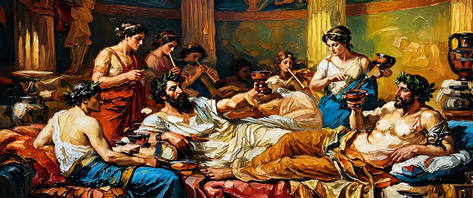 A classical banquet in warm painterly light, composed for an ultrawide display