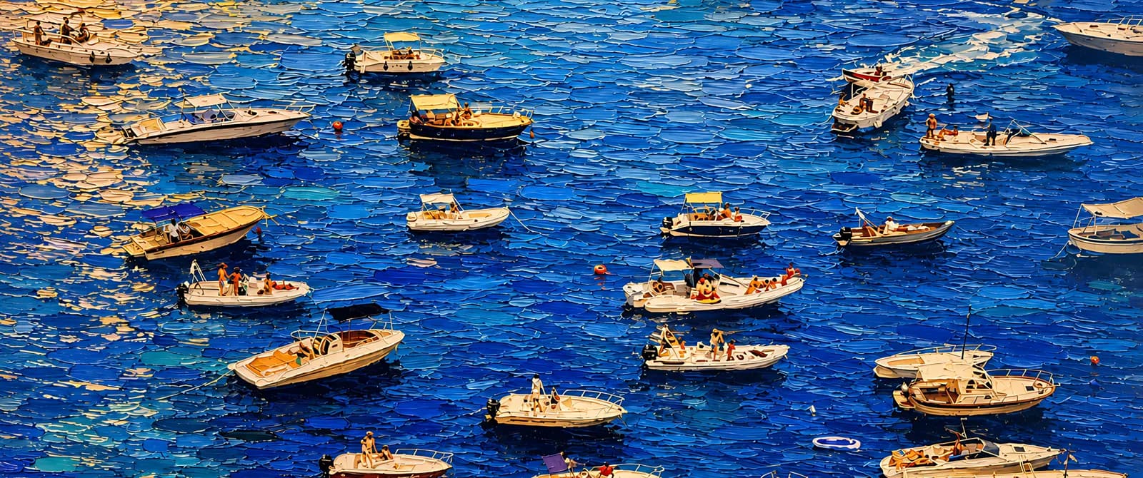 Small boats resting on deep cobalt water, composed for an ultrawide display
